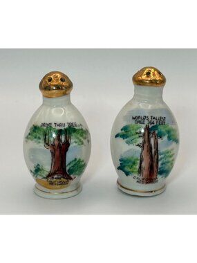 Vintage Victoria Ceramics California Redwood Salt & Pepper Shakers Gold Tops
